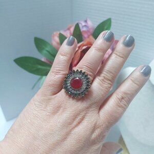 Red Stone With multicolor Crystal Beats Ring Antique Gold Color Accent Bohemian